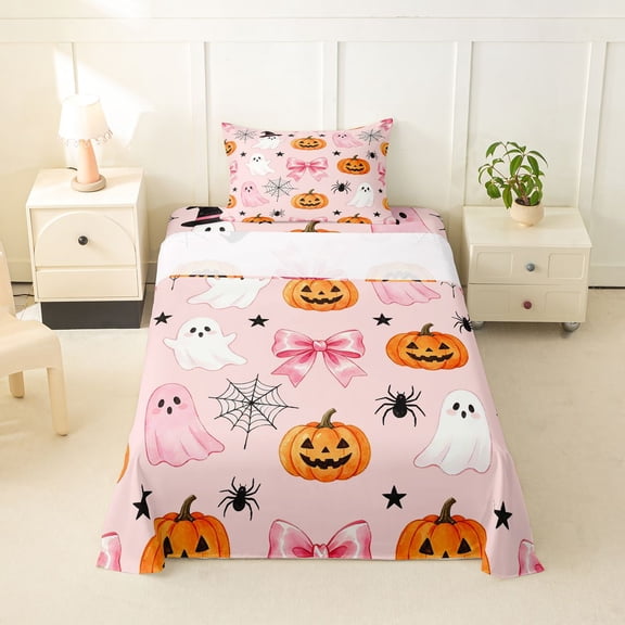 Homewish Watercolor Bow Ghost Twin Sheets for Women, Pumpkin Spider Halloween Bedding, 3 Pieces, 1 Flat Sheet, 1 Fitted Sheet and 1 Pillowcase