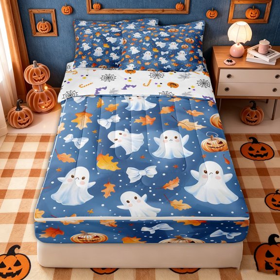Homewish Watercolor Bow Ghost Zipper Twin Comforter Sets with Fitted Sheet and 2 Pillowcases for Kids, Fall Maple Leaf Pumpkin Zipper Bedding Set, Halloween Reversible, 4pcs