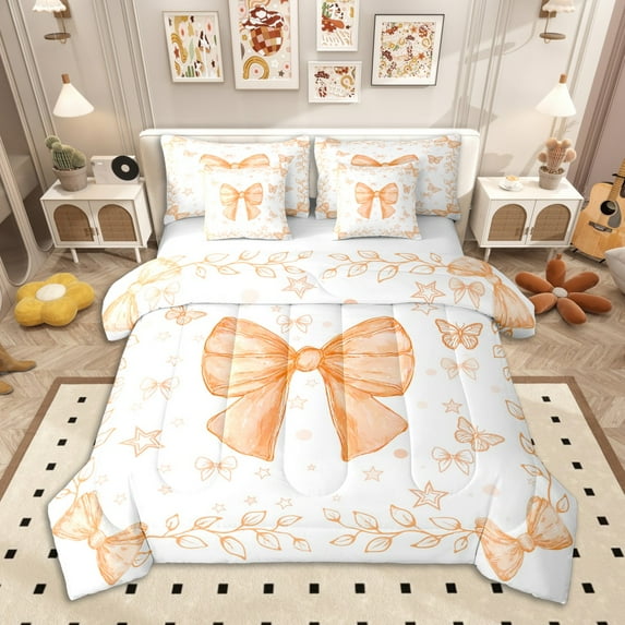 Homewish Watercolor Bow Twin Bedding Sets 7-Piece for Cute Girls, Orange Star Butterfly Bedding Comforter Set, Princess Bowtie Sheet Sets, Breathable Home Decor