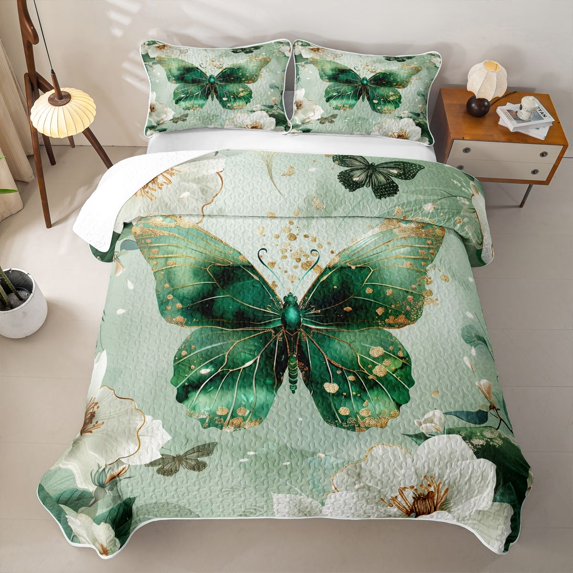 Homewish Watercolor Butterfly Bed Spread Queen, Chic White Blossoms Queen Coverlet Set, Green, 3pcs 1 Quilt and 2 Pillowcases