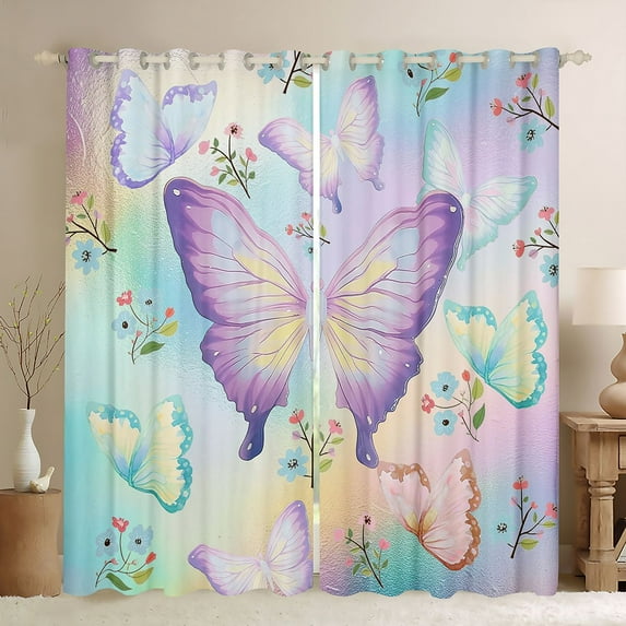 Homewish Watercolor Butterfly Curtains Pack of 2 (42x84 Each),Cartoon Flower Floral Curtains Blackout,Gradient Colorful Bedroom Curtains For Girl,Luxury Bedroom Decor