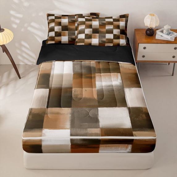 Homewish Watercolor Checkered Zipper Twin Comforter Sets with Fitted Sheet and 2 Pillowcases,Vintage Aesthetic Zipper Bedding Set,Brown,Black Reversible,4pcs
