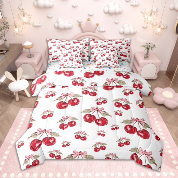 Homewish Watercolor Cherry Bedding Comforter Set 7 Pieces for Girls, Kawaii Bowtie Full Bedding Set, Tropical Fruit Leaves Fitted Sheet Flat Sheet, Red White Home Decor