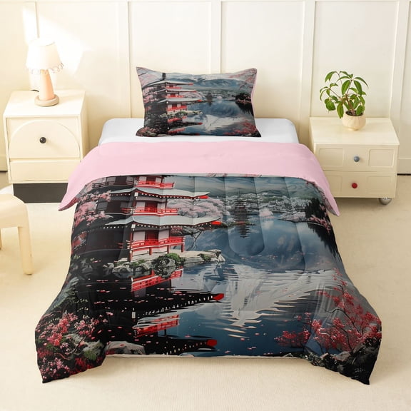 Homewish Watercolor Cherry Blossom Twin Comforter Sets,Japanese Artwork Bedding Set,Blue Red,Pink Reversible,2 Pieces,1 Comforter and 1 Pillowcase