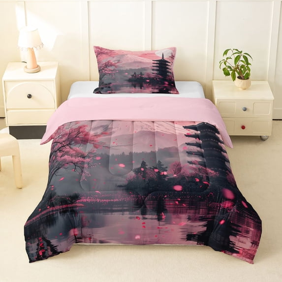 Homewish Watercolor Cherry Blossoms Twin Comforter Sets,Japanese Architecture Bedding Set,Pink Reversible,2 Pieces,1 Comforter and 1 Pillowcase