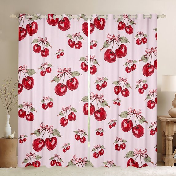 Homewish Watercolor Cherry Curtains Pack of 2 (42x84 Each) for Girls, Kawaii Bowtie Curtains Blackout, Tropical Fruit Leaves Bedroom Curtains, Red Pink Room Decor