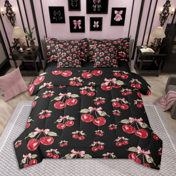 Homewish Watercolor Cherry Twin Bedding Sets 7-Piece for Girls, Kawaii Bowtie Bedding Comforter Set, Tropical Fruit Leaves Sheet Sets, Black Red Bedroom Decor