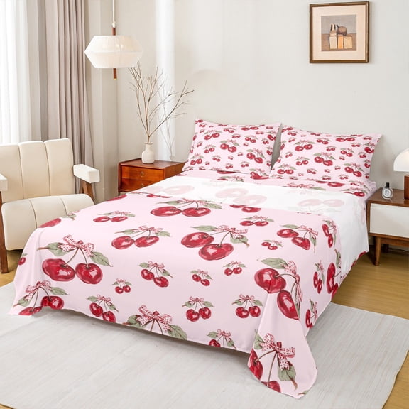 Homewish Watercolor Cherry Twin Sheet Sets 3pcs for Girls, Kawaii Bowtie Twin Fitted Sheet, Tropical Fruit Leaves Flat Sheet, Red Pink Room Decor