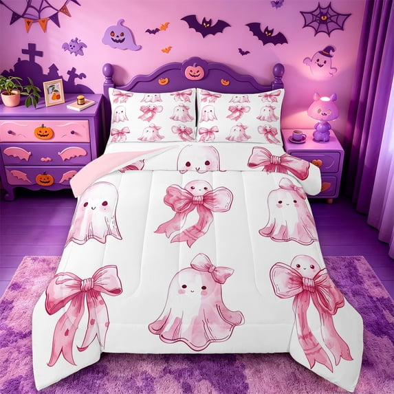 Homewish Watercolor Coquette Halloween Ghost Full Size Comforter Sets,Pink Bow Print Bedding Comforter Set,Pink Reversible,3 Pieces,1 Comforter and 2 Pillowcases