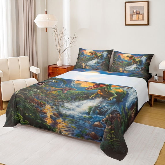 Homewish Watercolor Dino Bed Sheets,Vintage Animal Full Size Sheets,Green Blue,4-Piece,1 Flat Sheet, 1 Fitted Sheet and 2 Pillowcases