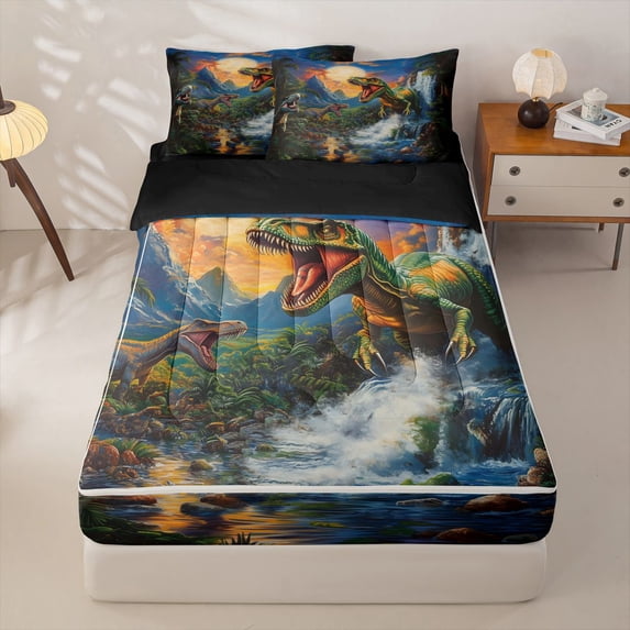 Homewish Watercolor Dino Zipper Twin Comforter Sets with Fitted Sheet and 2 Pillowcases,Vintage Animal Zipper Bedding Set,Green Blue,Black Reversible,4pcs