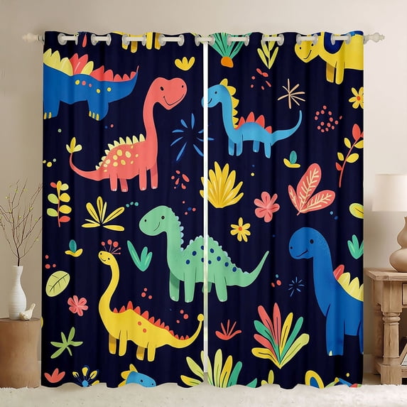 Homewish Watercolor Dinosaur Dino Black Out Curtains,Colorful Flower Floral Curtains Pack of 2 (42x63 Each),Safari Animal Bedroom Curtains For Boys Kids,Luxury Bedroom Decor