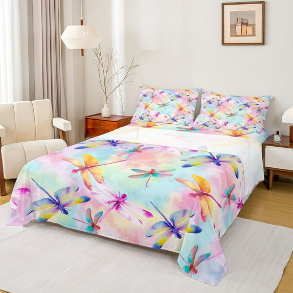 Homewish Watercolor Dragonfly Twin Sheet Sets,Flying Animal Twin Fitted Sheet,Colorful Tie Dye Flat Sheet For Girls Kids,Microfiber Bedroom Decor,3pcs