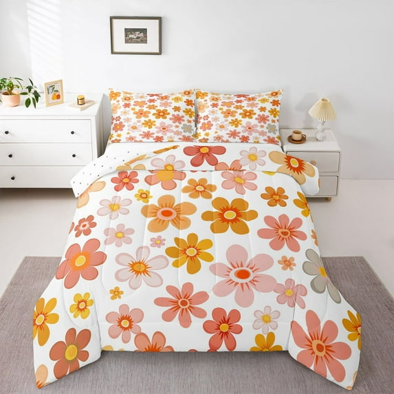 Homewish Watercolor Floral Bedding Comforter Set,Cute Daisy Flower Twin Comforter Sets,White Orange Bedding Set For Girls Teens,Luxury Bedroom Decor Reversible,2 Pieces