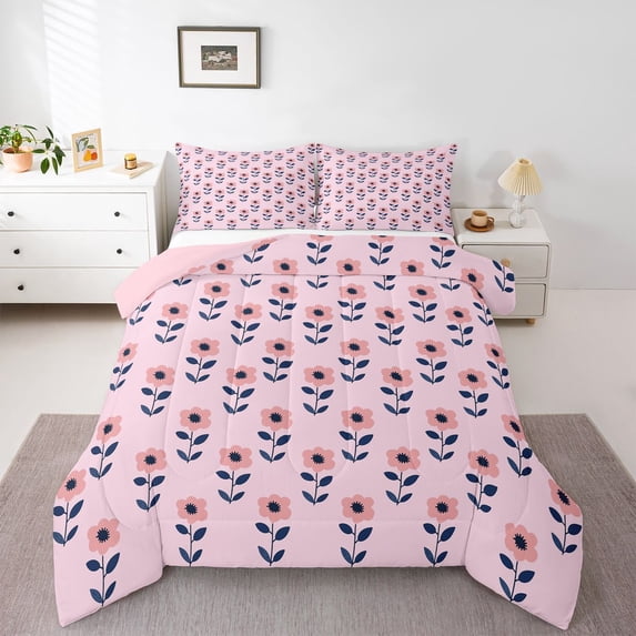 Homewish Watercolor Floral Daisy Full Size Comforter Sets,Modern Graffiti Flower Bedding Comforter Set,Pink Deepblue Bedding Sets For Girls Teens,Luxury Bedroom Decor Reversible,3 Pieces