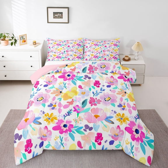 Homewish Watercolor Floral Full Size Comforter Sets,Modern Graffiti Flower Bedding Comforter Set,Pink White Bedding Sets For Girls Teens,Luxury Bedroom Decor Reversible,3-Piece