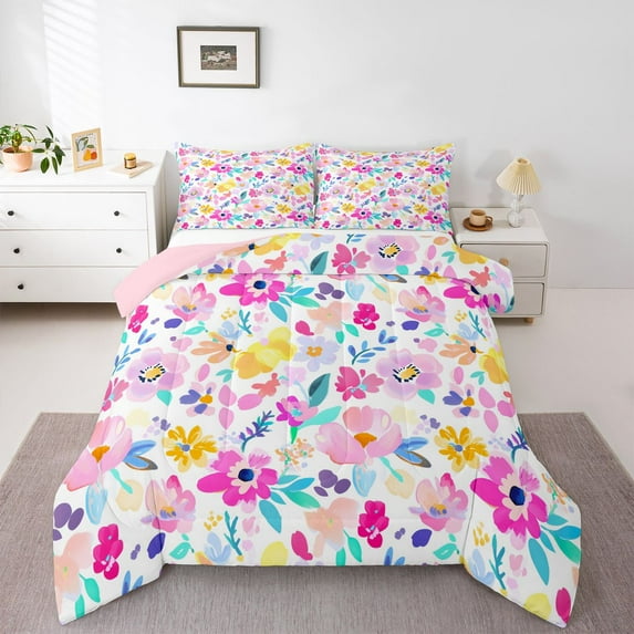 Homewish Watercolor Floral Queen Comforter Set,Modern Graffiti Flower Bedding Sets,Pink White Bedding Comforter Set For Girls Teens,Luxury Bedroom Decor Reversible,3 Pieces