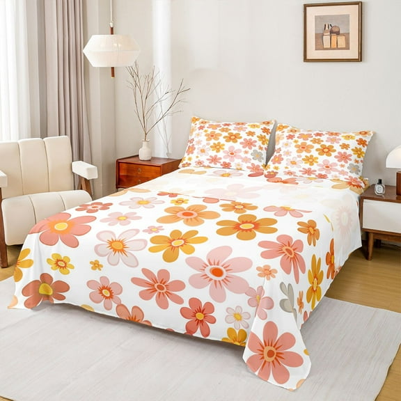 Homewish Watercolor Floral Twin Sheet Sets,Cute Daisy Flower Twin Fitted Sheet,White Orange Flat Sheet For Girls Teens,Luxury Bedroom Decor,3 Pieces