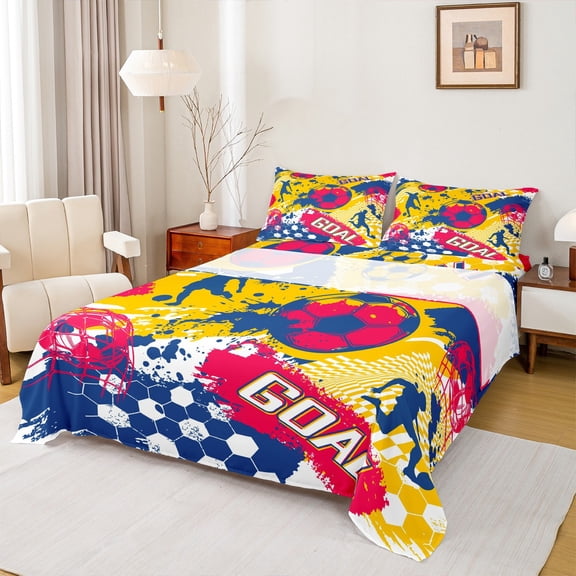 Homewish Watercolor Football Child Bed Sheets, Sports Goal King Sheets, Artwork Honeycomb Abstract Sheet Set, Lightweight Room Decor, 4 Pieces