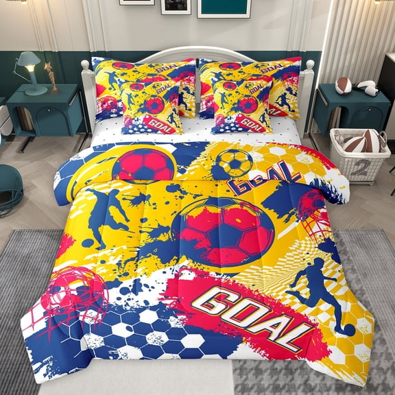 Homewish Watercolor Football Child Twin Bedding Sets 7-Piece, Sports Goal Bedding Comforter Set, Artwork Honeycomb Abstract Sheet Sets, Lightweight Room Decor