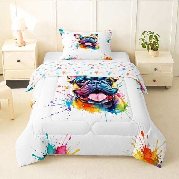 Homewish Watercolor French Bulldog Twin Comforter Sets,Cute Pet Dog Bedding Set,White,Colorful Stars Reversible,2pcs,1 Comforter and 1 Pillowcase