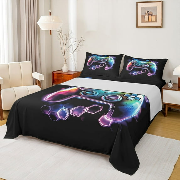 Homewish Watercolor Gamepad Boys Queen Sheet Sets, Neon Futuristic Honeycomb Flat Sheet, Video Game Controller Queen Fitted Sheet, Ultra Soft Bedroom Decor, 4 Pieces