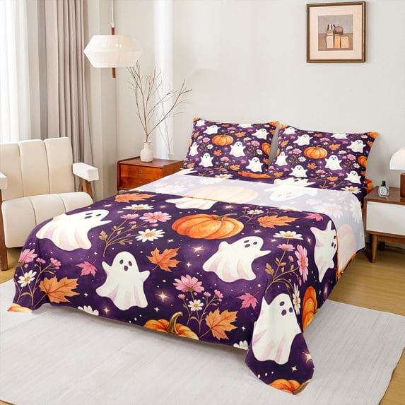 Homewish Watercolor Ghost Bed Sheets for Girls, Purple Floral Pumpkin Maple Leaf Full Size Sheets, 4-Piece, 1 Flat Sheet, 1 Fitted Sheet and 2 Pillowcases