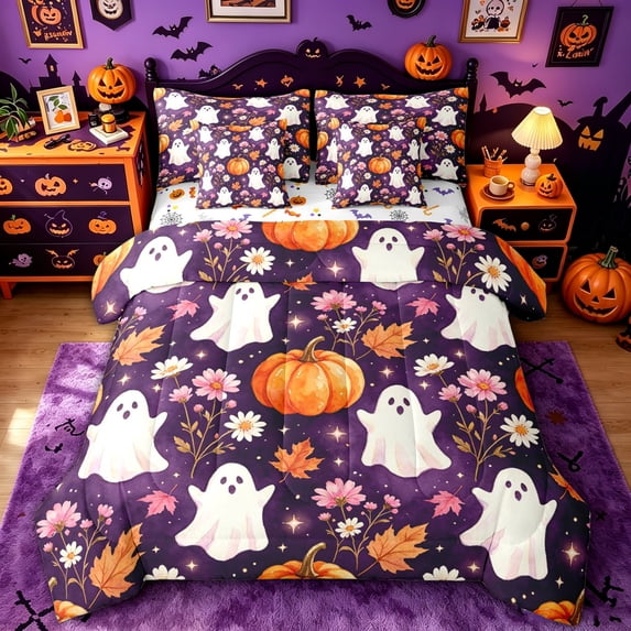 Homewish Watercolor Ghost Queen Bedding for Girls, Purple Floral Pumpkin Maple Leaf Bedding Comforter Set Queen, Halloween Reversible, 7-Piece