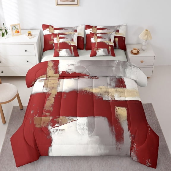 Homewish Watercolor Gradient 7 Pieces Full Size Bedding Sets,Minimalism Aesthetic Full Size Bed in a Bag,Red Gold,Light Gray Reversible