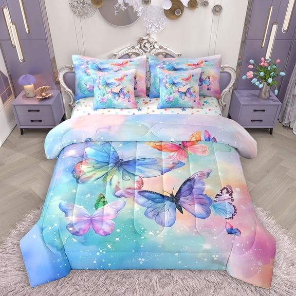 Homewish Watercolor Gradient Butterfly 7-Piece Bedding Comforter Set,3D Colorful Butterflies King Bedding Sets,Blue Pink Ombre Bed Sheets For Girls Teens,Luxury Bedroom Decor Reversible