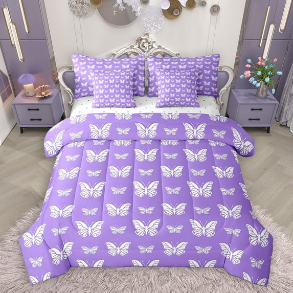 Homewish Watercolor Gradient Butterfly 7-Piece Twin Bedding Sets,3D Colorful Butterflies Bedding Comforter Set,Purple White Sheet Sets For Girls Teens,Luxury Bedroom Decor Reversible
