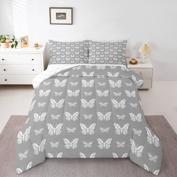 Homewish Watercolor Gradient Butterfly Full Size Comforter Sets,3D Colorful Butterflies Bedding Comforter Set,White Gray Bedding Sets For Girls Teens,Luxury Bedroom Decor Reversible,3-Piece