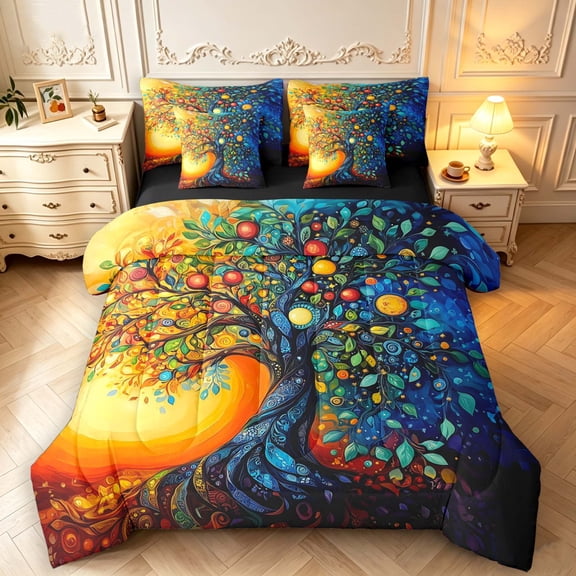 Homewish Watercolor Gradient Nature Tree 7 Pieces Full Size Bedding Sets,Botanical Design Full Size Bed in a Bag,Orange Navy,Black Reversible