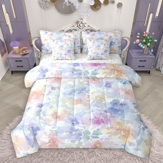 Homewish Watercolor Graffiti Floral 7-Piece Twin Bedding Sets,Spring Natural Theme Bedding Comforter Set,Blue Orange Pink Sheet Sets For Girls Boys,Luxury Bedroom Decor Reversible