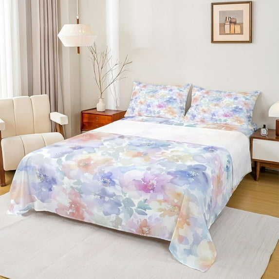 Homewish Watercolor Graffiti Floral Queen Sheet Sets,Spring Natural Theme Flat Sheet,Blue Orange Pink Queen Fitted Sheet For Girls Boys,Luxury Bedroom Decor,4 Pieces