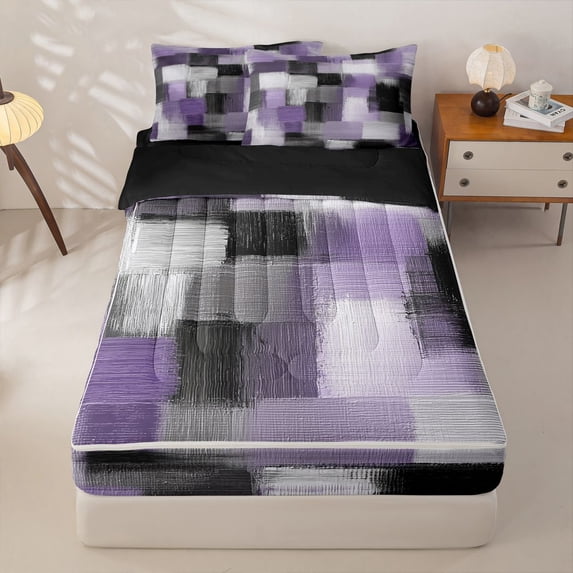 Homewish Watercolor Grid Zipper Twin Comforter Sets with Fitted Sheet and 2 Pillowcases,Vintage Abstract Zipper Bedding Set,Purple,Black Reversible,4pcs