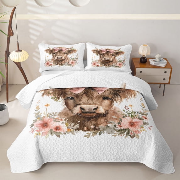 Homewish Watercolor Highland Cow Pink Bow Bed Spread Queen For Girls,Brown Pink Floral Queen Coverlet Set,3 Pieces