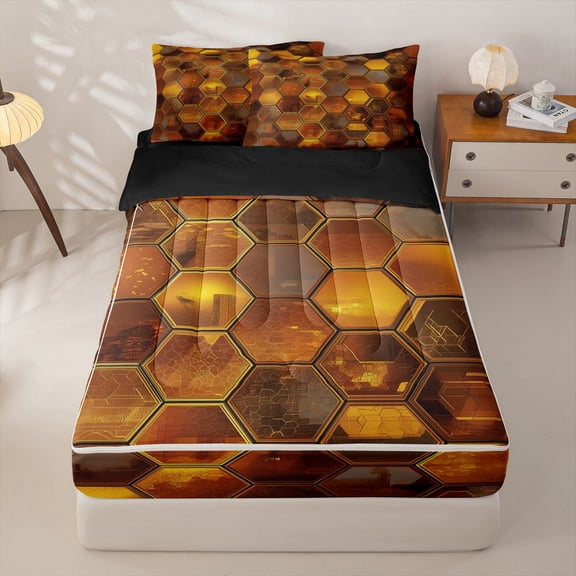Homewish Watercolor Honeycomb Zipper Twin Comforter Sets with Fitted Sheet and 2 Pillowcases,Brown Hexagon Zipper Bedding Set,Black Reversible,4 Pieces