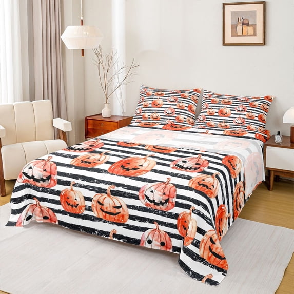 Homewish Watercolor Horror Pumpkin Queen Sheets for Kids, Orange Black Stripe Queen Sheet Sets, 4pcs, 1 Flat Sheet, 1 Fitted Sheet and 2 Pillowcases