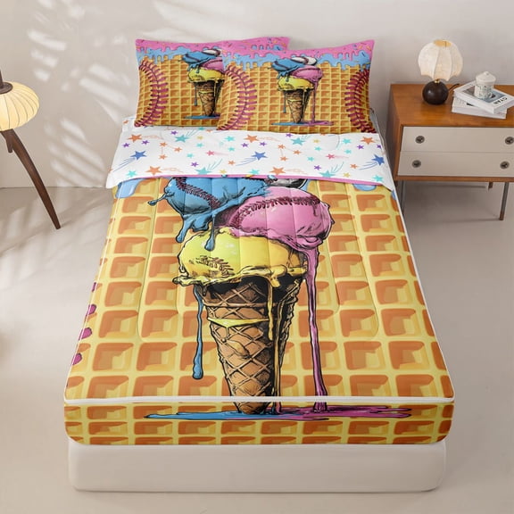 Homewish Watercolor Ice Cream Drip Zipper Twin Comforter Sets with Fitted Sheet and 2 Pillowcases,Abstract Baseball Print Kids Zipper Bedding Set,Reversible,4-Piece