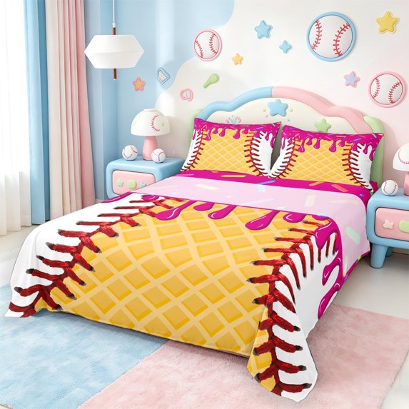 Homewish Watercolor Ink Painting Full Size Sheets,Baseball Sport Bed Sheets,Yellow White Hotpink Sheet Sets For Teens,Microfiber Bedroom Decor,4pcs