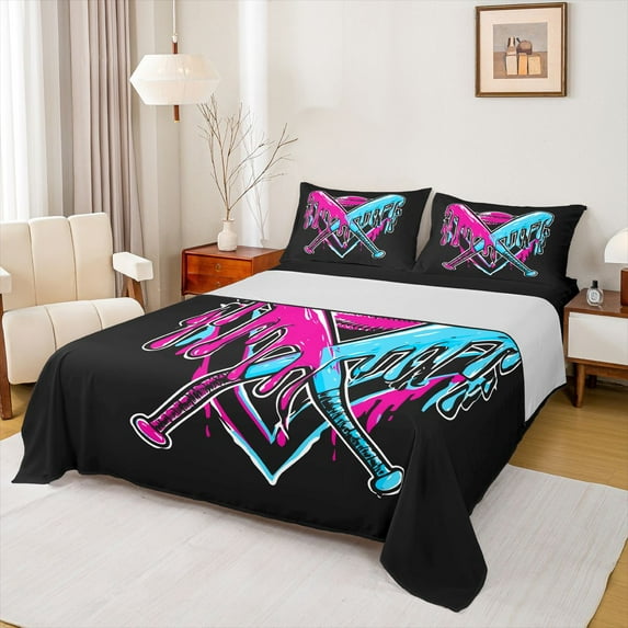 Homewish Watercolor Ink Painting Twin Sheet Sets,Rugby Football Sport Twin Fitted Sheet,Cyan Pink Black Flat Sheet For Teens,Microfiber Bedroom Decor,3pcs