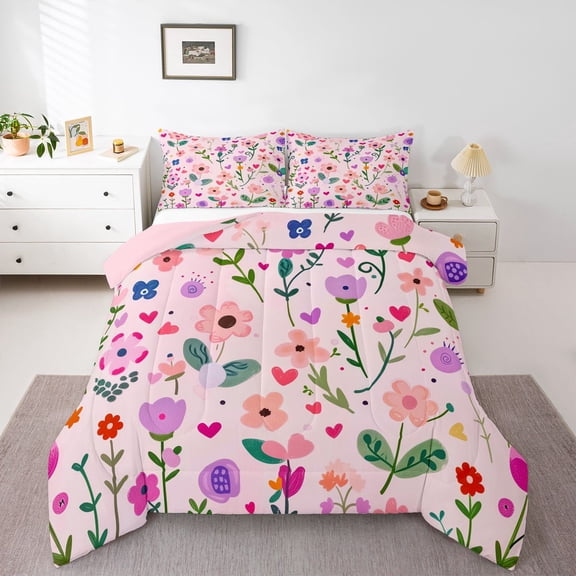 Homewish Watercolor Kawaii Daisy Bedding Comforter Set,Cartoon Flower Floral Twin Comforter Sets,Pink Purple Green Bedding Set For Teens,Breathable Home Decor Reversible,2-Piece
