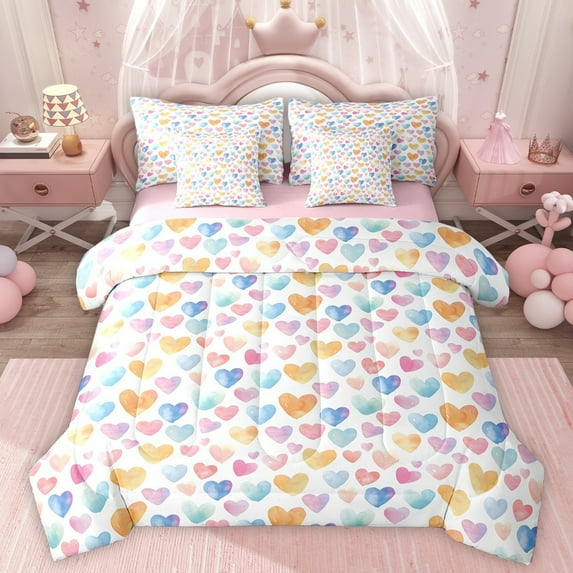 Homewish Watercolor Loves Pattern 7 Pieces Bedding Comforter Set,Cartoo Heart Print Full Bedding Set, White Pink Blue Fitted Sheet Flat Sheet For Girls Kids,Super Cozy Room Decor Reversible