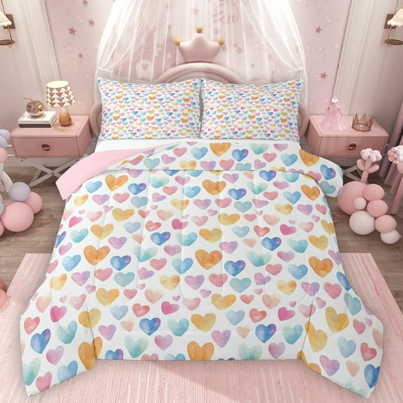 Homewish Watercolor Loves Pattern Bedding Comforter Set,Cartoo Heart Print Twin Comforter Sets, White Pink Blue Bedding Set For Girls Kids,Super Cozy Room Decor Reversible,2 Pieces