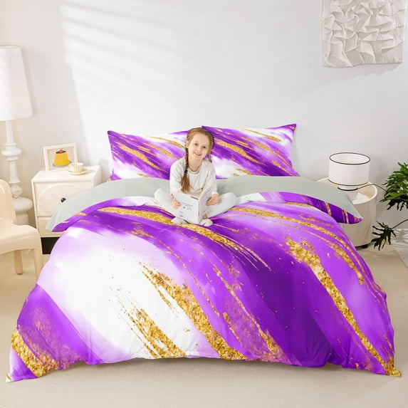 Homewish Watercolor Marble Bedding,Classic Contemporary Duvet Cover Full,Purple Gold,Light Gray Reversible,3-Piece,1 Duvet Cover and 2 Pillowcases