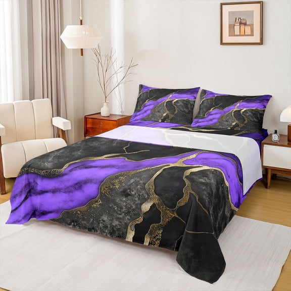 Homewish Watercolor Marble Women Bed Sheets, Purple Marbling Artwork King Sheets, 4pcs