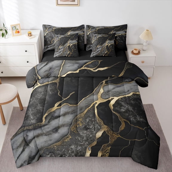 Homewish Watercolor Marble Women Bedding Comforter Set 7-Piece, Black Marbling Artwork King Bedding Sets, Modern Fashion Abstract Reversible Bed Sheets, Microfiber Bedroom Decor