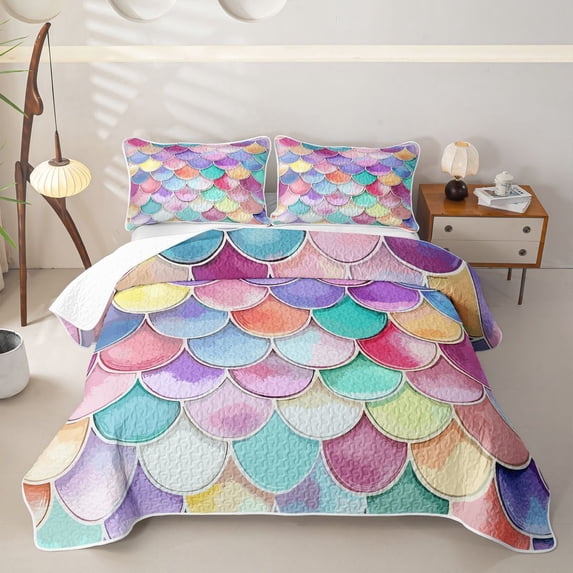 Homewish Watercolor Mermaid Scale Twin Quilt Set,Multicolor Twin Coverlet Set,2-Piece