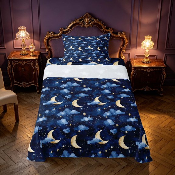 Homewish Watercolor Moon Stars Twin Sheets, Cartoon Clouds Bedding for Kids, Blue, 3 Pieces, 1 Flat Sheet, 1 Fitted Sheet and 1 Pillowcase